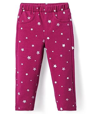 Babyhug Cotton Lycra Knit Full Length Jeggings with Star Foil Print - Red
