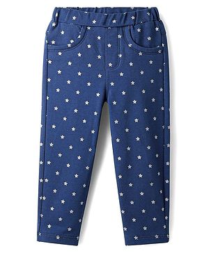 Babyhug Cotton Lycra Knit Full Length Jeggings With Star Print - Navy Blue