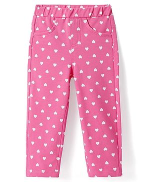 Babyhug Cotton Lycra Knit Full Length Jeggings with Hearts Print - Pink