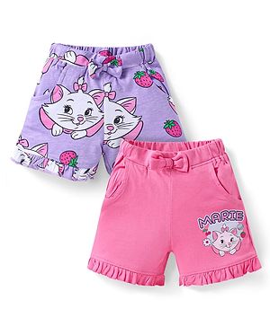 Babyhug Disney Terry Knit Above Knee Length Shorts With Marie Graphics & Frill Detailing Pack of 2 - Dark Pink & Lavender