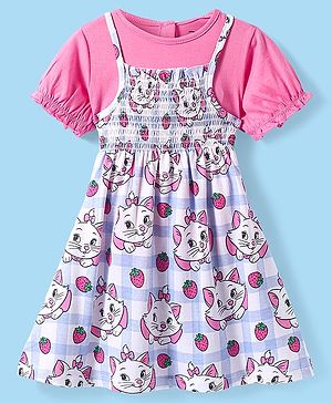 Babyhug Disney Single Jersey Knit Half Puffed Sleeves Inner Tee & Frock with Marie Print - Pink