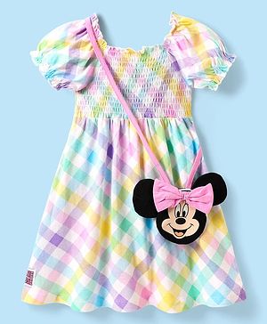 Babyhug Disney Single Jersey Knit Half Puffed Sleeves Checkered Smocked Frock with Sling Bag & Minnie Mouse Graphics - Multicolor