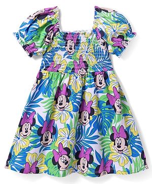Babyhug Disney Single Jersey Knit Half Puffed Sleeves Frock With Minnie Mouse Print & Smocking Detailing - Multicolor