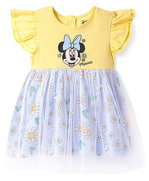 Babyhug Disney Single Jersey Knit Frill Sleeves Mesh Frock with Minnie Mouse & Floral Print - Yellow & Light Blue