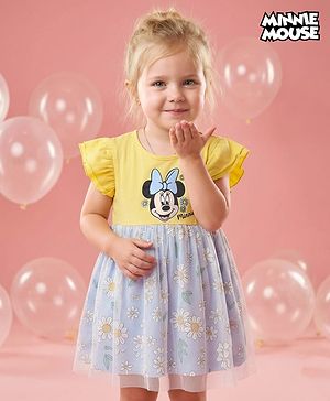 Babyhug Disney Single Jersey Knit Frill Sleeves Mesh Frock with Minnie Mouse & Floral Print - Yellow & Light Blue