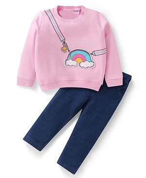 Babyhug Terry Knit Full Sleeves Sweatshirt & Jegging Set with Rainbow Patch - Pink & Navy Blue