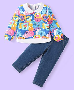 Babyhug Single Jersey Knit Full Sleeves Peter Pan Collared Top & Trouser Set with Tropical Theme Print - Blue