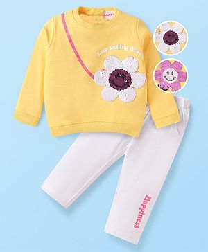 Babyhug Single Jersey Knit Full Sleeves T-Shirt & Pant Set with Reversible Sequin Derailing - Yellow & White