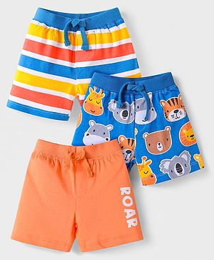 Babyhug Cotton Knit Mid Thigh Length Shorts with Animal Print & Stripes Pack of 3 - Orange Blue & Yellow
