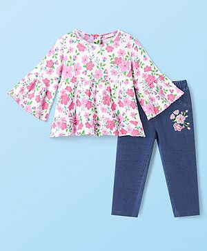 Babyhug Single Jersey Knit Full Bell Sleeves Top & Jeans Set With Floral Print & Embroidery - White & Navy Blue