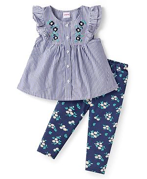 Babyhug Single Jersey Knit Frill Sleeves Striped Front Open Top & Pant Set with Floral Print & Embroidery - Navy Blue