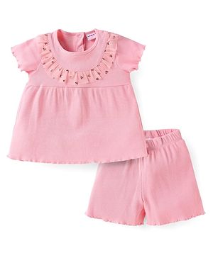 Babyhug Single Jersey Knit Half Sleeves Textured Top & Shorts with Frill Detailing - Pink