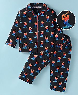 Enfance Core Cotton Woven Full Sleeves Cricket Batsman Printed Coordinating Night Suit Set - Black