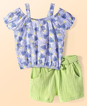Babyhug Single Jersey Knit Half Cold Shoulder Sleeves Top & Shorts Set With Leaf Print - White & Green