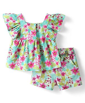 Babyhug Single Jersey Knit Frill Sleeves Top & Shorts Co-Ord Set With Floral & Leaf Print - Sea Green