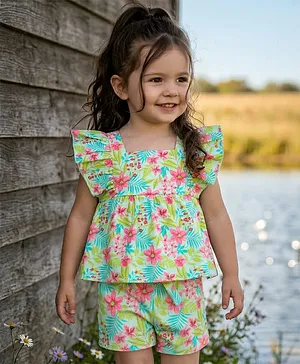 Babyhug Single Jersey Knit Frill
                              Sleeves Top & Shorts Co-Ord Set With
                              Floral & Leaf Print - Sea Green