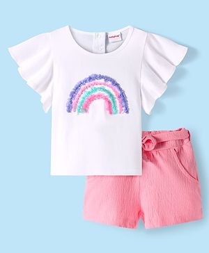 Babyhug Single Jersey Knit Half Flutter Sleeves  Top & Shorts Set With Sequin Detailing - White & Pink