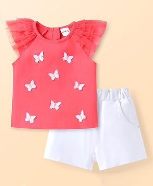 Babyhug Single Jersey Knit Sleeveless Top & Shorts Set With Butterfly Applique - Dark Pink