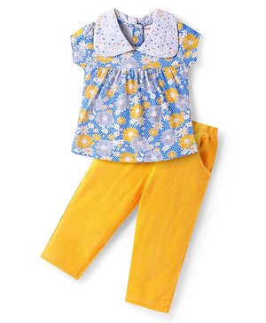 Babyhug Single Jersey Knit Half Sleeves Peter Pan Collared Top & Trouser Set with Floral Print - Yellow