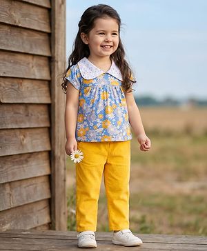 Babyhug Single Jersey Knit Half Sleeves Peter Pan Collared Top & Trouser Set with Floral Print - Yellow