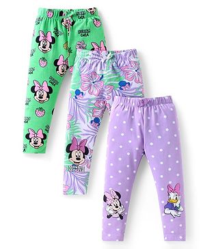 Babyhug Disney Lycra Knit Full Length Leggings With Minnie Mouse & Family Graphics Pack of 3 - Purple & Green