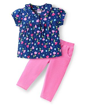Babyhug Half Sleeves Knitted Crinkle Crepe Top & Corduroy Pant Set With Floral Print & Peter Pan Collar - Navy Blue & Pink