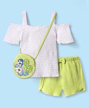 Babyhug Single Jersey Knit Half Cold Shoulder Sleeves Solid Color Textured Top & Shorts Set with Sling Bag & Bow Applique - White & Neon Green