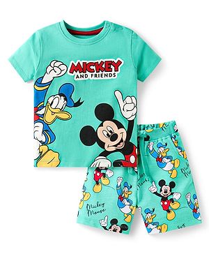 Babyhug Disney Single Jersey Knit Half Sleeves Shorts Night Suit With Mickey Mouse Graphics - Turquoise Green