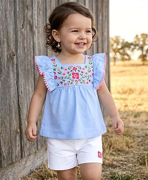 Babyhug Single Jersey Knit Frill Sleeves Top & Shorts Set with Floral Embroidery -  White & Light Blue