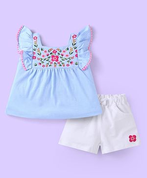 Babyhug Single Jersey Knit Frill Sleeves Top & Shorts Set with Floral Embroidery -  White & Light Blue