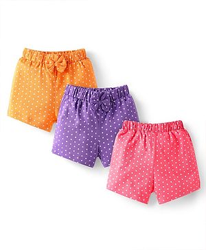 Babyhug Single Jersey Knit Shorts with Polka Dots & Bow Applique Pack of 3 - Pink & Purple