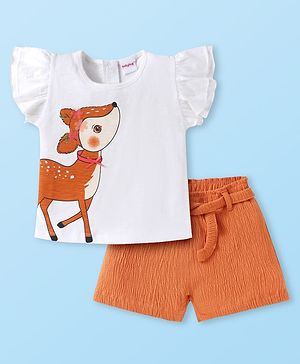 Babyhug Single Jersey Knit Frill Sleeves Top & Shorts with Animal Print -  White & Brown