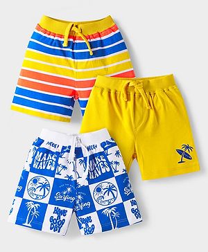Babyhug Cotton Knit Mid Thigh Length Shorts with Beach Theme Print & Stripes Pack of 3 - Yellow & Blue