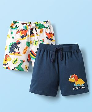Babyhug Cotton Knit Mid Thigh Shorts With Dino Print Pack of 2 - Navy Blue & White