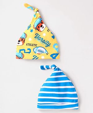 Babyhug Interlock Knit Striped & Tiger Print Caps Pack Of 2 Blue & Yellow - Diameter 14