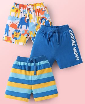 Babyhug Cotton Single Jersey Knit Mid Thigh Length Shorts with Animal Print & Stripes Pack of 3 - Blue & White