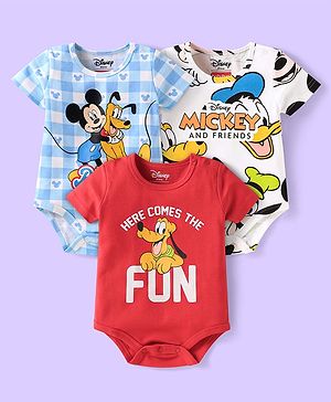Babyhug Disney Interlock Knit Half Sleeves Onesies with Mickey & Friends Graphics Pack of 3 - White Light Blue & Red