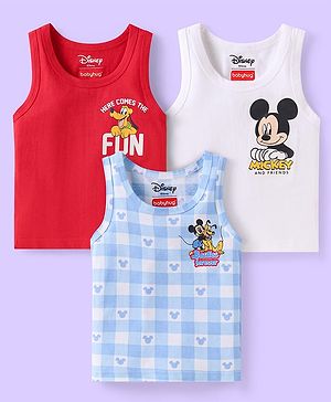 Babyhug Disney Interlock Knit Sleeveless Vests With Mickey & Friends Graphic Pack Of 3 - Red Blue & White