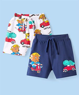 Babyhug Cotton Knit Mid Thigh Length Shorts with Animal & Vehicle Print Pack of 2 - Navy Blue & White