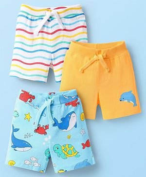 Babyhug Cotton Knit Mid Thigh Shorts with Sea Life Print & Stripes Pack of 3 - Yellow White & Light Blue