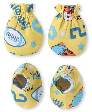 Babyhug 100% Cotton Knit Mittens & Booties Set with Sports Theme Print - Yellow