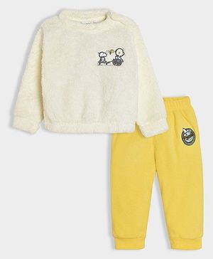 Mi Arcus Peanuts Featuring Full Sleeves Snoopy Patch Embroidered Coordinating Tee & Pajama Set - Cream & Yellow