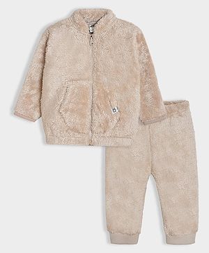 Mi Arcus Full Sleeves Solid Fur Detailed Coordinating Sweatshirt & Joggers Set - Beige