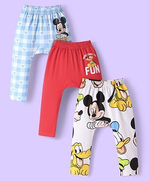 Babyhug Disney Interlock Knit Ankle Length Diaper Leggings with Mickey & Friends Graphics Pack of 3 - Red White & Light Blue