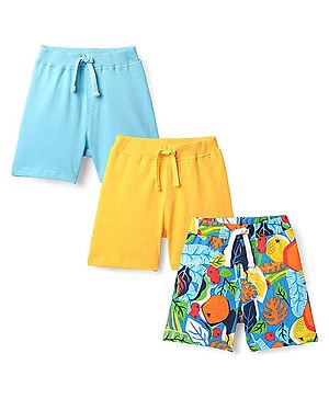 Babyhug Cotton Knit Mid Thigh Shorts with Tropical Theme Print Pack of 3 - Yellow & Light Blue