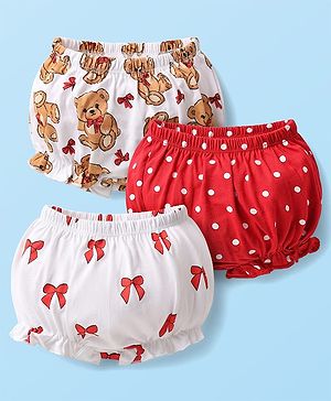 Babyhug 100% Cotton Knit Teddy Bear Polka Dot & Bow Printed Bloomers Pack of 3 - White & Red