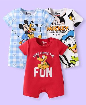 Babyhug Disney Interlock Knit Half Sleeves Rompers with Mickey & Friends Graphics Pack of 3 - White Light Blue & Red
