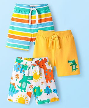 Babyhug Cotton Knit Mid Thigh Lenght Shorts with Dino Print & Stripes Pack of 3 - Yellow & White