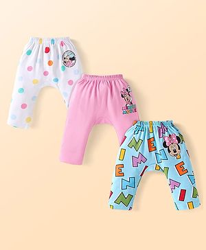 Babyhug Disney Interlock Knit Full Length Diaper Leggings With Minnie Mouse Graphic - Pack of 3 - White Pink & Blue