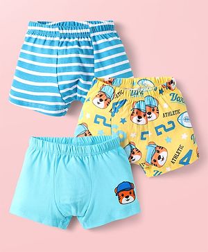 Babyhug 100% Cotton Above Knee Length Trunk With Stripes & Animal Print Pack Of 3 - Light Blue & Yellow